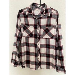 PacSun LA Hearts Maroon & Cream Flannel Plaid boyfriend button up shirt Size S